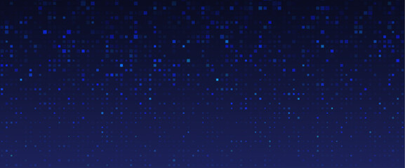 Dark background with blue pixel pattern. Vector illustration of abstract bg with geometric square elements grid. digital backdrop with dissolve rectangle dot particle mosaic gradient texture. © klyaksun