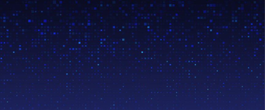 Dark background with blue pixel pattern. Vector illustration of abstract bg with geometric square elements grid. digital backdrop with dissolve rectangle dot particle mosaic gradient texture.