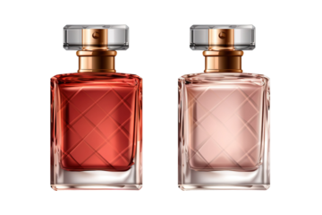 A Duet of Fragrance: Two Bottles of Perfume on a White Canvas on White or PNG Transparent Background.