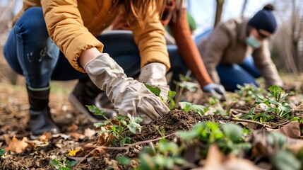 Volunteers planting trees in a forest, environmental conservation, teamwork
