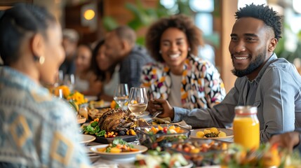Group of diverse friends laughing and enjoying a meal together at a restaurant.