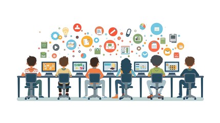 A diverse group of students listens attentively to a professor presenting data on a projector screen.