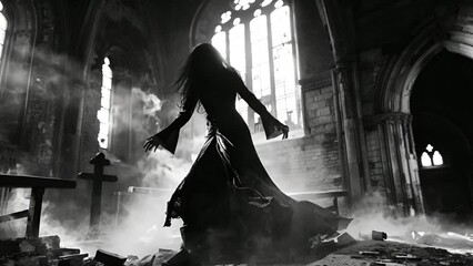 Amidst the church ruins, a figure in a flowing dress evokes a gothic atmosphere