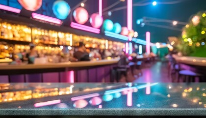 Black marble bar counter in a blurred nightclub setting, ideal for nightlife or hospitality concepts.