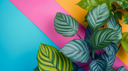 Vibrant green leaves with distinct stripes against a colorful pink, blue, and yellow background, creating a striking contrast.