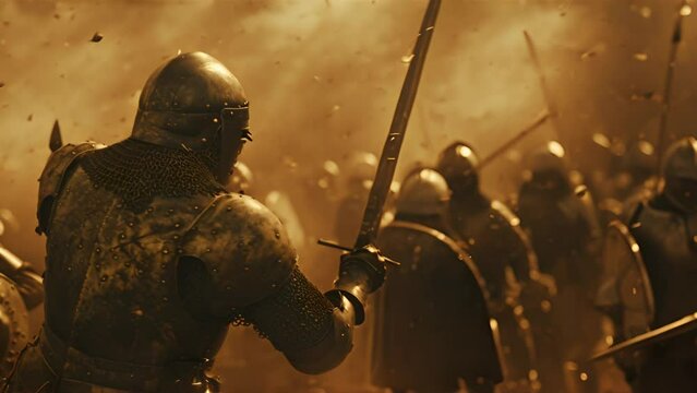 A medieval knight in armor, sword drawn, amidst a battle with other warriors