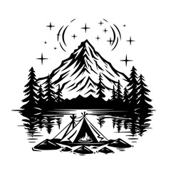 Minimalist Camping Linocut Vector Icon - High Contrast Black and White Design