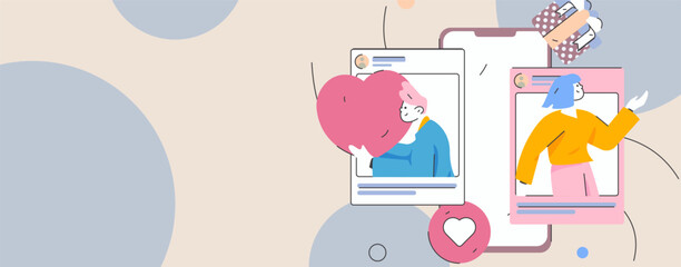 Virtual characters social communication concept business flat vector hand drawn illustration
