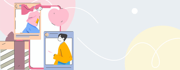 Virtual characters social communication concept business flat vector hand drawn illustration
