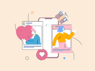 Virtual characters social communication concept business flat vector hand drawn illustration
