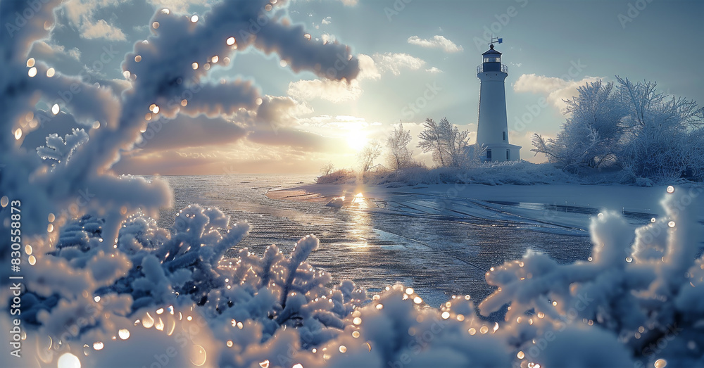 Poster a delicate frost pattern etched on a window pane framing a view of a distant lighthouse. generative 