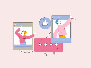 Virtual characters social communication concept business flat vector hand drawn illustration
