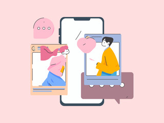 Virtual characters social communication concept business flat vector hand drawn illustration
