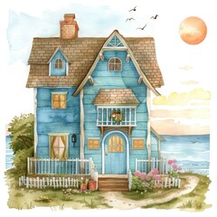 Charming blue coastal house with white picket fence, surrounded by a beautiful garden, and ocean backdrop at sunset.