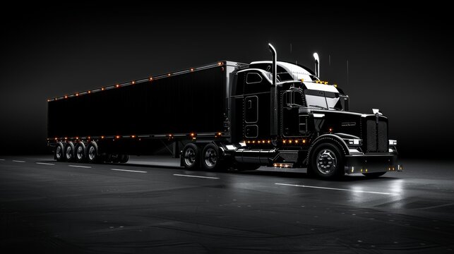 Semi truck on solid black background. Generative AI.