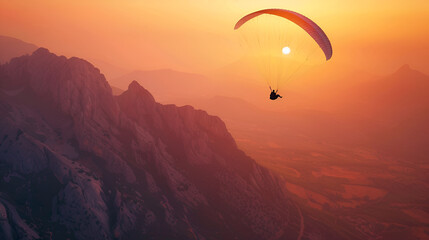 Paragliding Over Majestic Mountain Range. Adventure Concept: Paraglider soaring above a breathtaking mountain landscape at sunset, capturing the thrill of adventure and freedom ai generative