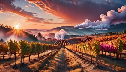 landscape with vineyard, landscape with green grass and sky, vineyard in region, vineyard in the morning, sunset over the mountains, sunset in the desert, Vineyard and forest fire - grape harvest - Powered by Adobe