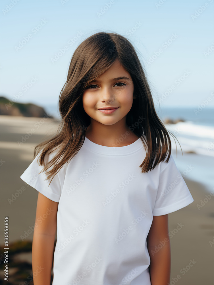 Wall mural young girl child kid white tee t-shirt t shirt mockup mock-up, mock up at the beach