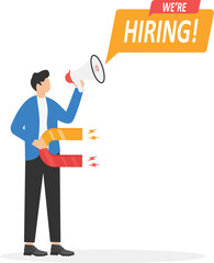 Vector illustration of employer shout in loud speaker and recruit new employees. We are hiring, job vacancy or headhunting, HR managers announce vacancy concept

