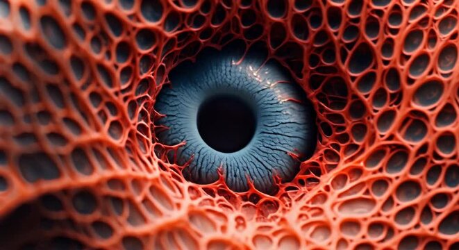 A close-up image of an eyeball with red veins.