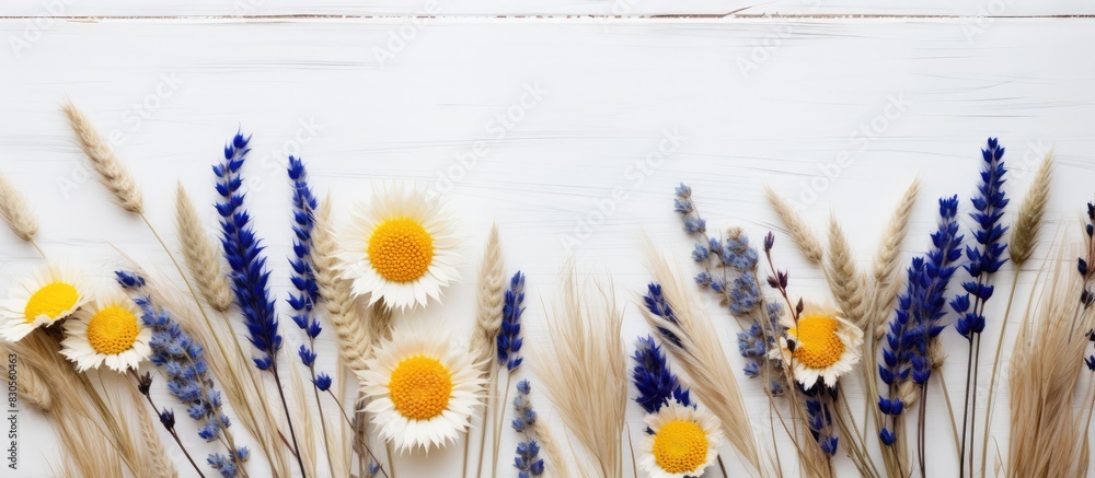 Poster a top down view of spikelets cornflowers and daisies arranged on a white wooden surface creates a vi