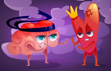 Heart and mind relations and connect concept. Human organs cartoon characters fighting. Brain and heart struggle for intelligence and emotion balance. Vector illustration of feeling and rationality.