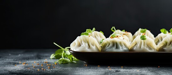 Side view close up of dumplings seasoned with pepper salt herbs and microgreens served on a gray concrete background Copy space image - Powered by Adobe