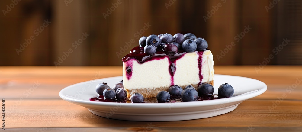 Wall mural A blueberry cheesecake is displayed on a white dish placed on a wooden table creating a visually appealing copy space image