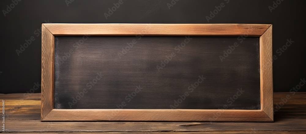 Poster There is a small blackboard on a wooden table with a blank surface isolated in a copy space image