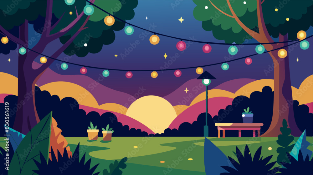 Poster as the sun sets colorful string lights illuminate the park creating a cozy and festive atmosphere fo