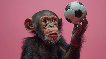 A monkey juggling a soccer ball on a magenta studio background