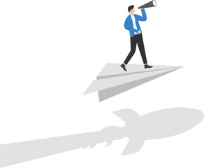 Businessman standing on paper planes and flying with the shadow of the rocket over the wall

