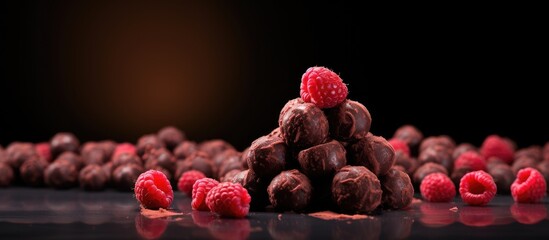 A copy space image displaying dried raspberries placed on freshly made chocolate balls