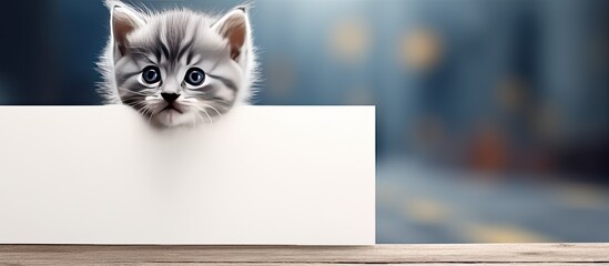 A cute kitten emerges from behind a sign leaving ample copy space in the image