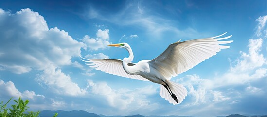 Copy space image of a majestic Great Egret gracefully soaring through the sky accompanied by a stunning backdrop of clouds