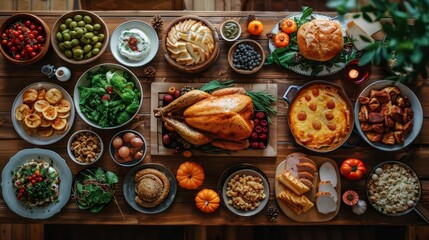 Holiday dinner spread, turkey and side dishes, rustic wooden background, warm lighting