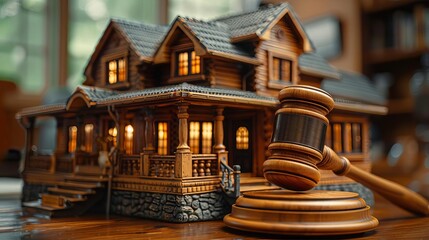 Judge's gavel and house model, legal and property theme, warm lighting, high resolution