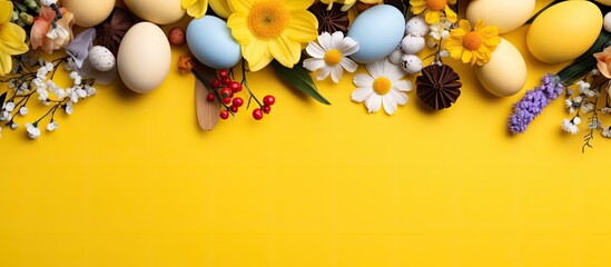Easter themed yellow backdrop featuring chocolate eggs assorted candies and vibrant spring blooms set against a copy space image - Powered by Adobe