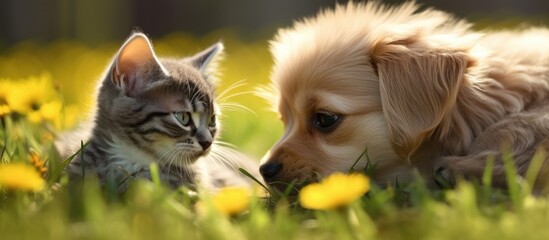 Puppy and kitten lying side by side in a beautiful dandelion field surrounded by nature s beauty with plenty of copy space in the image