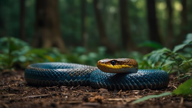 portrait of a beautifully patterned snake relaxing on a tree trunk with a blurred background