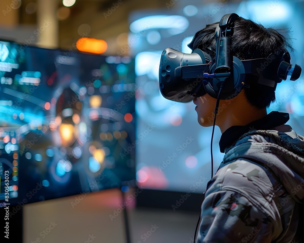 Poster fully immersed user in interactive virtual reality gaming environment with modern technology