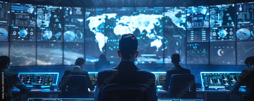 Poster cybersecurity center monitoring network threats in real time modern technology concept