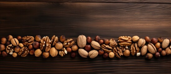A wooden table showcasing a top view composition of walnuts kiwis and pine nuts with ample space for additional images or text