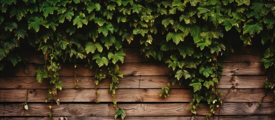 A copy space image of an old wooden fence covered with climbing vines