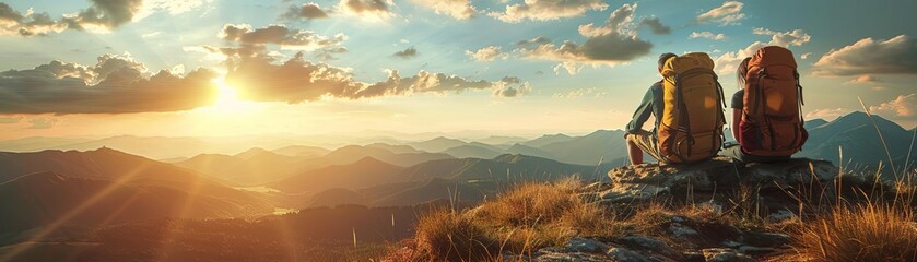 A breathtaking mountain view at sunset with two hikers resting on a peak, enjoying the stunning landscape. Adventure and nature exploration.