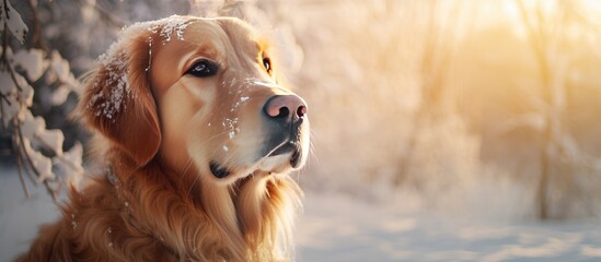 Golden retriever posing for a winter portrait with copy space image