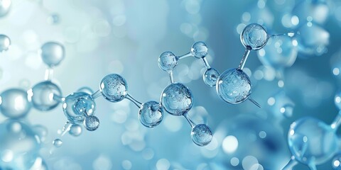 Connected water molecules on a light blue background, close up. Generative AI.