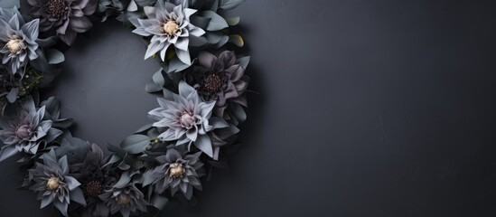 A copy space image of a plastic flower funeral wreath adorning a somber dark grey wall with room for text