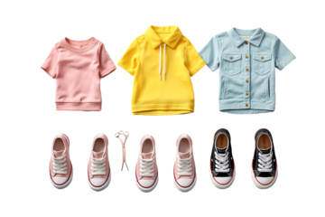 Whimsical Ensemble: A Collection of Childrens Clothing and Shoes on White or PNG Transparent Background.