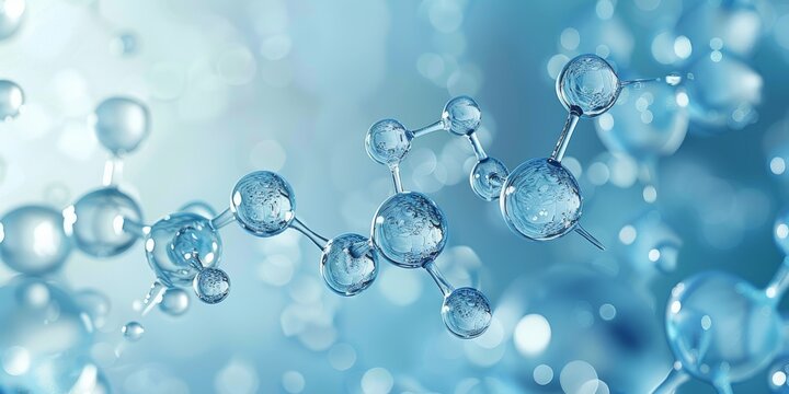 Connected water molecules on a light blue background, close up. Generative AI.